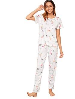 DIDK Damen Schlafanzug Set Pyjama Set Langarm Shirt und Lang Schlafanzughose Sleepwear Zweiteilig Loungewear Weiß mit Flamingo XS von DIDK