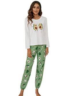 DIDK Damen Schlafanzug Set mit Slogan Kurzarm Shirt und Lang Schlafanzughose Sleepwear Pyjama Set Weiß mit Avocado Muster XL von DIDK