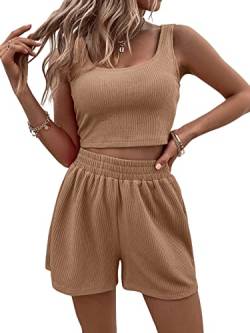 DIDK Damen Shorts und Top Sets 2 Piece Spaghettiträger Bauchfrei Tops Camisole Kurze Hose Hauseanzug Kombi 2-Teiler Home Set Braun S von DIDK