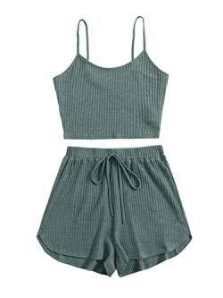 DIDK Damen Shorts und Top Sets 2 Piece Spaghettiträger Bauchfrei Tops Camisole Kurze Hose Hauseanzug Kombi 2-Teiler Home Set Dunkelgrün M von DIDK