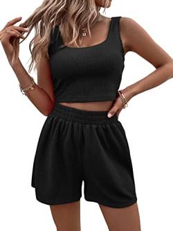 DIDK Damen Shorts und Top Sets 2 Piece Spaghettiträger Bauchfrei Tops Camisole Kurze Hose Hauseanzug Kombi 2-Teiler Home Set Vollschwarz XS von DIDK