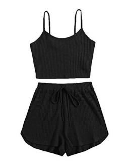 DIDK Damen Shorts und Top Sets 2 Piece Spaghettiträger Bauchfrei Tops Camisole Kurze Hose mit Knoten Hauseanzug Kombi 2-Teiler Home Set Schwarz L von DIDK