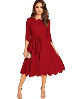 DIDK Damen Skaterkleid Rundhals 3/4 Arm Cocktailkleid Vintage Kleid Abendkleid mit Gürtel Swing Faltenkeid Freizeitkleid Partykleider Knielang A Linie Rot S von DIDK