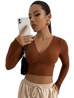 DIDK Damen Strick Crop T-Shirt Bauchfrei Oberteile Tiefer V Ausschnitt Langarmshirt Pullover Cropped Tops Langarm Shirt Kaffeebraun XS von DIDK