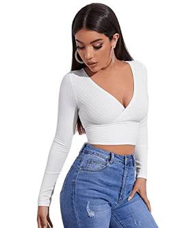 DIDK Damen Strick Crop T-Shirt Bauchfrei Oberteile Tiefer V Ausschnitt Langarmshirt Pullover Cropped Tops Langarm Shirt Weiß L von DIDK