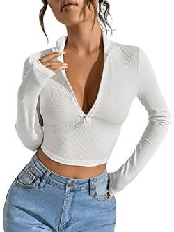 DIDK Damen Strick Crop T-Shirt Langarm Poloshirt Slim Oberteile Pullover mit Reißverschlussleiste Langarmshirt Outfit Einfarbig Weiß S von DIDK