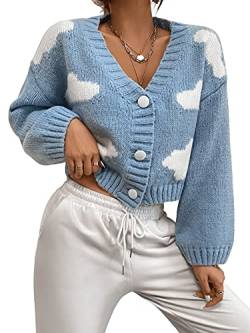 DIDK Damen Strickjacke Cropped Jacke Cardigan Mantel mit Wolken Muster V-Ausschnitt Sweater Jacke mit Knöpfen vorne Blau M von DIDK