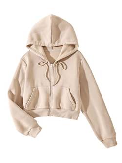 DIDK Damen Sweatjacke Kaputzenjacke Kurz Sweatshirt Crop Hoodie Langarm Oberteile Taschen Cropped Kapuzenpullover mit Zip und Kordelzug Aprikosenfarben XS von DIDK