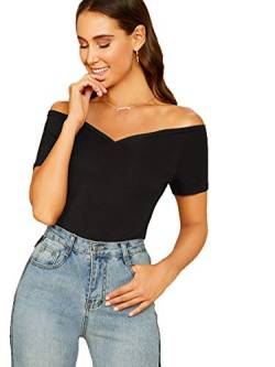 DIDK Damen T-Shirt Schulterfrei Tops Kurzarm Oberteil Sommer Slim Shirts mit Herzausschnitt Einfarbig Basicshirt Schwarz M von DIDK