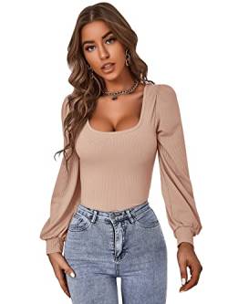 DIDK Damen T-Shirts U-Ausschnitt Langarm Schmal Oberteile Pullover Casual Langarmshirt Basic Tops Aprikosenfarben XS von DIDK