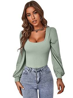 DIDK Damen T-Shirts U-Ausschnitt Langarm Schmal Oberteile Pullover Casual Langarmshirt Basic Tops Minzgrün XS von DIDK