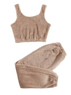 DIDK Damen Tanktop und Hosen Set Teddy Lounge Set 2-Teiler Bauchfrei Tops Sweathose Outfits Kombiset Pyjama Set Schlafenanzug Mokka Braun M von DIDK