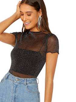 DIDK Damen Tops Mesh Oberteile T-Shirt Netzstoff Top Festivals Outfits Oberteil Shirts Schwarz L von DIDK