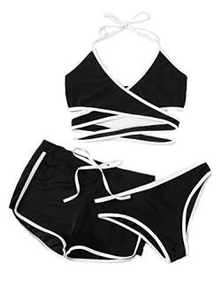 DIDK Damen Wickel Bikini Set mit Short 3 Piece Neckholder Schwimwear Bademode Schwarz S von DIDK
