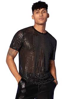 DIDK Herren Muskel Transparent T-Shirt Kurzarm Shirts Netz Hemd Rundkragen Kurzarmshirt mit Strass Schwarz M von DIDK