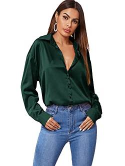 DIDK Langarm Bluse Damen Satin Hemdshirt Button Down Oberteil Tunika Herbstshirt OL Hemdbluse Dunkelgrün S von DIDK