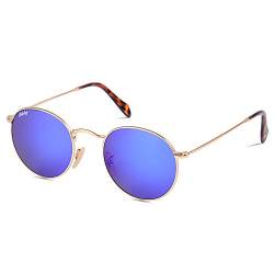 DIKLEY Klassische Sonnenbrille mit Metallrahmen, runde Retro-Sonnenbrille für Herren und Damen, UV400-Glaslinse, Goldener Rahmen, blaue Blitzlinse, Medium von DIKLEY