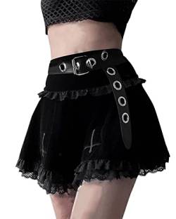 DINGJIUYAN Damen Kpop Fashion Plissee Mini Rock Gothic Punk Schwarz Kreuz Stickerei Rock, F, 44 von DINGJIUYAN