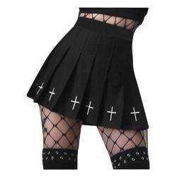 DINGJIUYAN Damen Kpop Fashion Plissee Mini Rock Gothic Punk Schwarz Kreuz Stickerei Rock, Schwarz , Medium von DINGJIUYAN