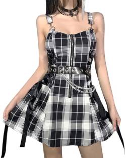 DINGJIUYAN Halloween Damen Karierte Bandage Kleid, Streetwear Vintage Punk, Ästhetisch, Reißverschluss, A-Linie, Harajuku, Mode fibrY2K, Z-Black With Belt, X-Large von DINGJIUYAN