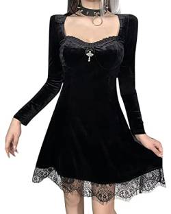 DINGJIUYAN Halloween Minikleid Gothic Schwarz für Frauen, Vintage, Sexy, Spaghettiträger, hohe Taille, Seitenschlitz, Clubparty, Schwarz , X-Large von DINGJIUYAN