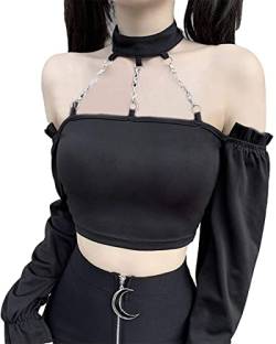 DINGJIUYAN Schulterfreies Gothic-Oberteil, Punk-Matal-Kette, Patchwork-Tops, Schwarz, Schwarz , Medium von DINGJIUYAN