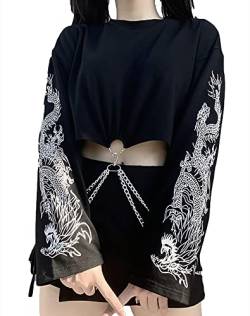 DINGJIUYAN Y2K Gothic Hoodies mit Kapuze Langarm Ösen Hosenträger Solide Schwarz Crop Sweatshirt Für Frauen, 05-schwarz, 38 von DINGJIUYAN