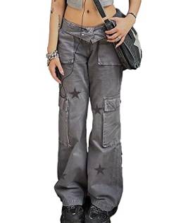 DINGJIUYAN Y2K Streetwear Pockets Up Cargo Jeans Grau Star Print Low Rise Gothic Straight Pants Denim Grunge Baggy Pant Vintage, B, L von DINGJIUYAN