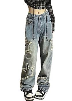 DINGJIUYAN Y2K Streetwear Pockets Up Cargo Jeans Grau Star Print Low Rise Gothic Straight Pants Denim Grunge Baggy Pant Vintage, F, L von DINGJIUYAN