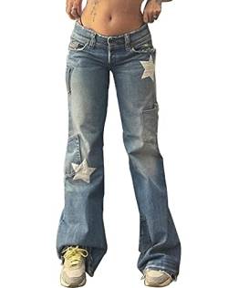 DINGJIUYAN Y2K Streetwear Pockets Up Cargo Jeans Grau Star Print Low Rise Gothic Straight Pants Denim Grunge Baggy Pant Vintage, a, L von DINGJIUYAN