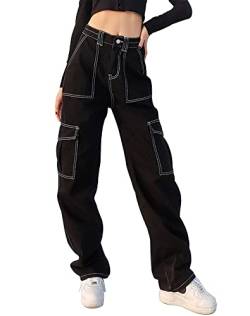 DINGJIUYAN Y2K Streetwear Pockets Up Cargo Jeans Grau Star Print Low Rise Gothic Straight Pants Denim Grunge Baggy Pant Vintage, g, XL von DINGJIUYAN