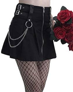 Frauen Schwarz Punk Mini Rock Hohe Taille Streetwear Harajuku Rock Faltenrock Gothic Kostüm Rock, Rock mit Reißverschluss, 40 von DINGJIUYAN
