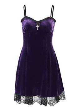 Goth Retro Court Spitze Laterne Langarm Hollow-Out O Neck Pure Black Temperament Samt Midi Kleid, 01-lace dress purple, L von DINGJIUYAN
