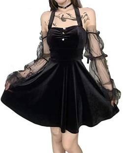 Goth Retro Court Spitze Laterne Langarm Hollow-Out O Neck Pure Black Temperament Samt Midi Kleid, Kleid mit 001 Knöpfen, X-Large von DINGJIUYAN