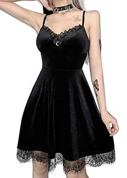 Goth Retro Court Spitze Laterne Langarm Hollow-Out O Neck Pure Black Temperament Samt Midi Kleid, Moon Dress Black, L von DINGJIUYAN