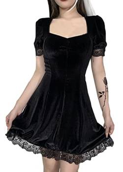 Goth Retro Gericht Spitze Laterne Langarm Aushöhlen O Hals Pure Black Temperament Samt Midi Kleid, Minikleid aus Samt, Medium von DINGJIUYAN