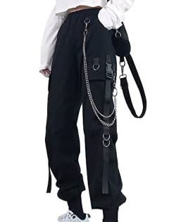 Gothic-Cargohose für Damen, Streetwear, schwarz, hohe Taille, Harajuku, koreanischer Stil, Gothic-Hose, Übergröße, 02-schwarz, XXX-Large von DINGJIUYAN