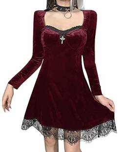 Gothic Retro Court Lace Lantern Long Sleeve Hollow Out O Neck Pure Black Temperament Velvet Midi Kleid, Long Sleeve Dress Red, S von DINGJIUYAN