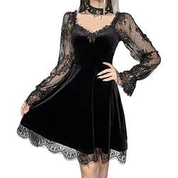 Halloween Gothic-Kleid aus schwarzem Samt, Spitzenbesatz, Y2K, Ästhetisch, hohe Taille, A-Linie Mini, E-Girl, Grunge, Punk, Abendgarderobe, Schwarz , Small von DINGJIUYAN