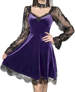 Halloween Gothic-Kleid aus schwarzem Samt, Spitzenbesatz, Y2K, ästhetisch, hohe Taille, A-Linie, Mini, E-Girl, Grunge, Punk, Abendkleid, blasslila, XXL von DINGJIUYAN