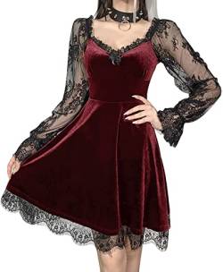 Halloween Gothic-Kleid aus schwarzem Samt, Spitzenbesatz, Y2K, ästhetisch, hohe Taille, A-Linie, Mini, E-Girl, Grunge, Punk, Abendkleid, rot, Medium von DINGJIUYAN