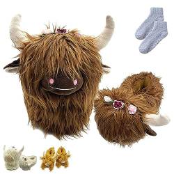 DINNIWIKL Highland Cow Slippers With Flowers, Anti-Slip Scottish Cow Soft Warm Animal Home Indoor Slippers For Adults (A-Brown) von DINNIWIKL