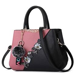 DIRRONA Damen Handtasche Mode Blumenmuster Schulterbeutel Große Kapazität Umhängetasche Casual Reise 2 Farben Nähdesign Tasche für Frauen Haarkugel Anhänger Handtschasche Rosa A von DIRRONA