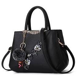 DIRRONA Damen Handtasche Mode Blumenmuster Schulterbeutel Große Kapazität Umhängetasche Casual Reise 2 Farben Nähdesign Tasche für Frauen Haarkugel Anhänger Handtschasche Schwarz A von DIRRONA