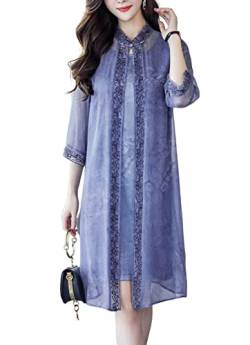 DISSA Blau Seide Damen Kleid 3/4-Arm Loose Taille Elegant Seidenkleid Rundhals Au genou Freizeitkleid Besticktes A-Linie Sommerkleid,40,D8801 von DISSA