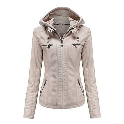 DISSA Damen Beige Kunstleder Motorrad Jacke Lederjacke Jahrgang Schlank mit Kapuze Kurz Mantel,PP005,3XL von DISSA