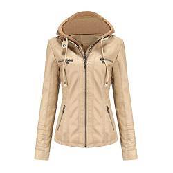 DISSA Damen Beige Lederjacke Schlank Kurz Kunstleder Kapuze Jacket Reißverschluss Motorrad Jacke für Frühling und Herbst,XL,C6699N von DISSA