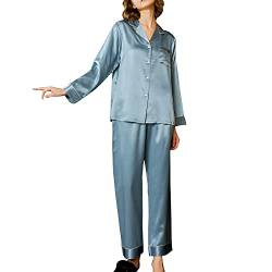DISSA Damen Blau Einfach 100% Seide Pyjama-Set Oberteil und Capri-Hose Schlafanzug Langarm 19 Momme Seidenpyjama,L,T8002 von DISSA