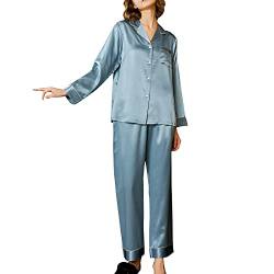 DISSA Damen Blau Einfach 100% Seide Pyjama-Set Oberteil und Capri-Hose Schlafanzug Langarm 19 Momme Seidenpyjama,XXL,T8002 von DISSA