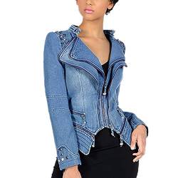 DISSA Damen Blau Nieten Jeansjacker Bikerjacke mit Reißverschluss,PA01,XL von DISSA